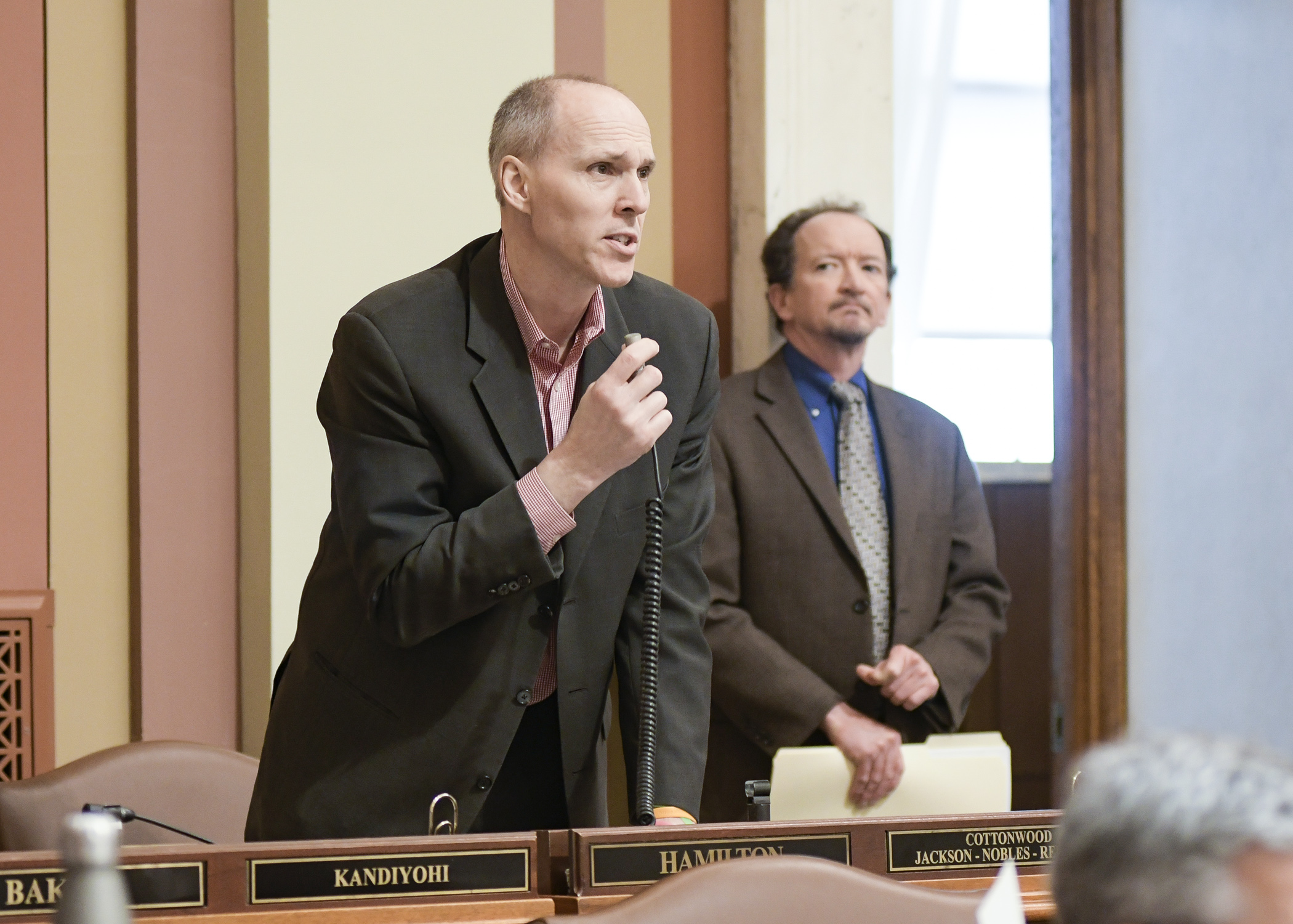 Rep. Rod Hamilton presents HF2982, a bill that would classify some data used by the University of Minnesota for agricultural research as non-public, on the House Floor Monday. Photo by Andrew VonBank